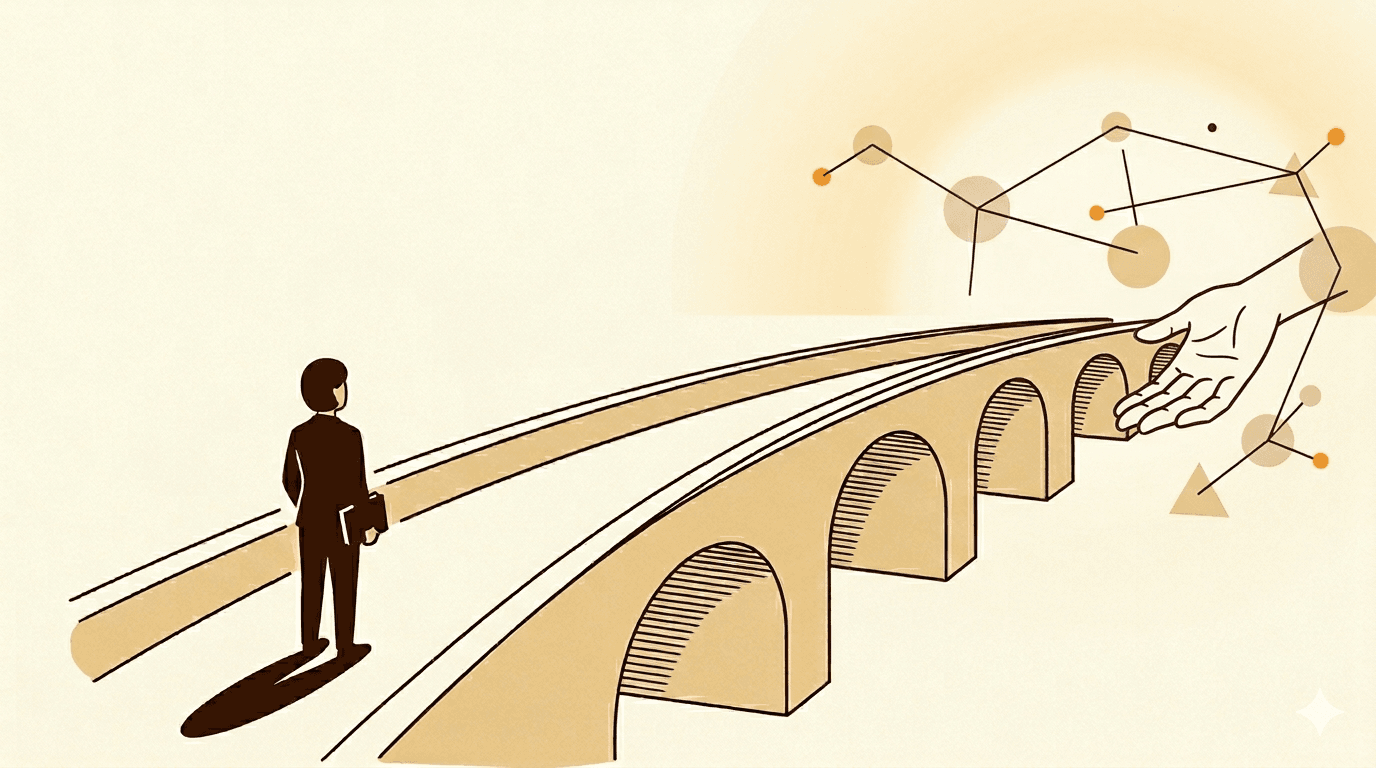 Un prof debout face à un pont qui s'étire vers une lumière chaude — une main ouverte l'attend à l'autre extrémité, au milieu d'une constellation d'outils.